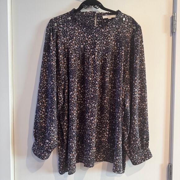 Loft Floral Top Blouse Blue White Ruffle Button Back Long Sleeve Plus Size 24 - Picture 1 of 5